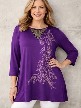 NWT!Avenue Purple Tunic Gold Embroidery Hanky Hem Size 30/32 or 4X
